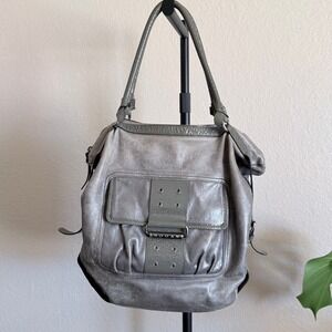 Hogan by TOD's Gray Metallic Leather Hobo Bag Chunky Moto Shoulder Bag